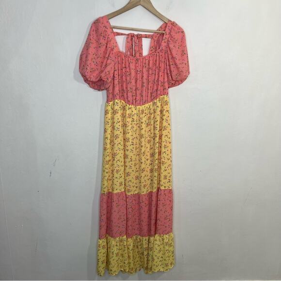 COLOR ME COURTNEY Yellow Pink Ditsy Flower Printed Cece Maxi Dress Size 10 - Picture 4 of 16